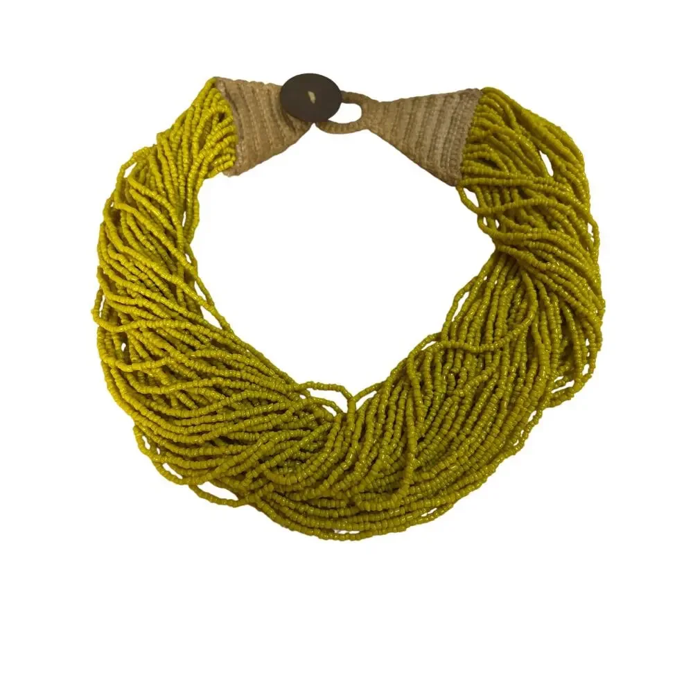 VTG Naga Multi-Strand Seed Bead Necklace Chartreuse Mustard Yellow w Coin Clasp - Picture 4 of 4